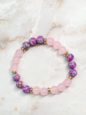 Colorful Imperial Jasper & Rose Quartz Beaded Bracelet Love & Friendship